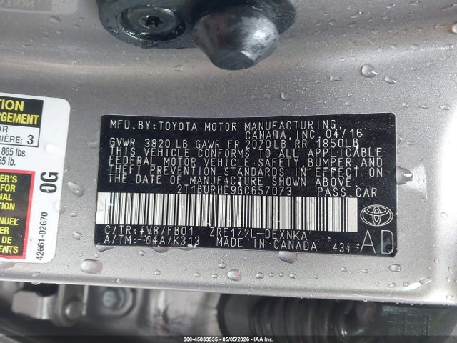 Продажа на аукционе авто 2016 Toyota Corolla Le, vin: 2T1BURHE9GC657073, номер лота: 45033535