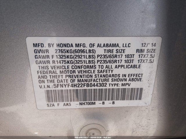 Auction sale of the 2015 Honda Pilot Lx, vin: 5FNYF4H22FB044302, lot number: 45033537