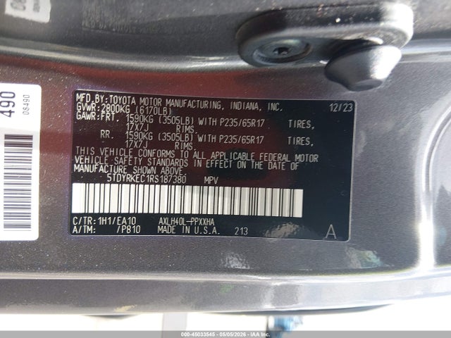 2024 Toyota Sienna Xle მანქანა იყიდება აუქციონზე, vin: 5TDYRKEC1RS187380, აუქციონის ნომერი: 45033545