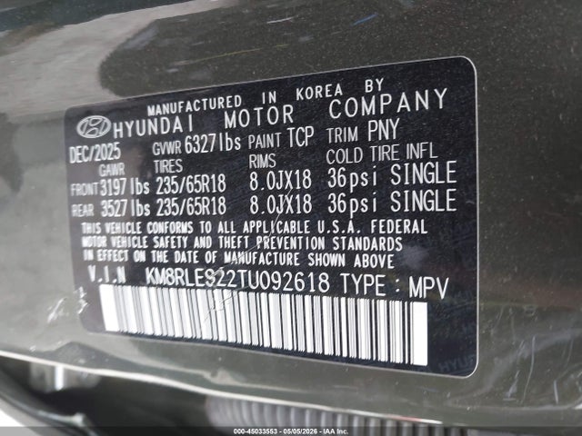 Продажа на аукционе авто 2026 Hyundai Palisade Sel 7p, vin: KM8RLES22TU092618, номер лота: 45033553