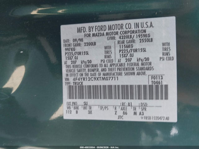 Продаж на аукціоні авто 1999 Mazda B2500 Se/sx/tl, vin: 4F4YR12C9XTM07711, номер лоту: 45033554