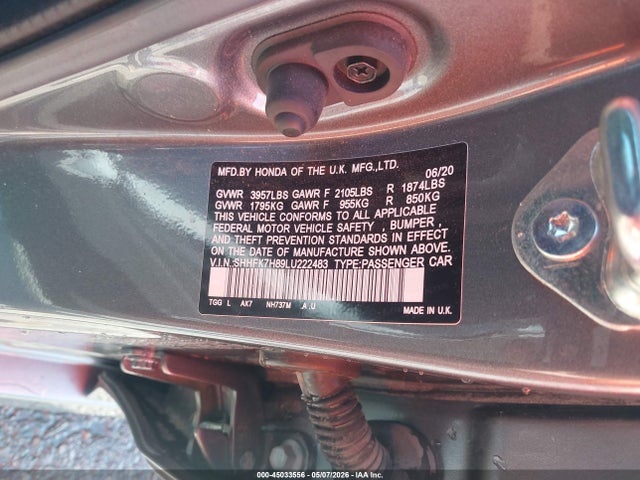 Aukcja sprzedaży 2020 Honda Civic Ex-l, vin: SHHFK7H89LU222483, numer aukcji: 45033556