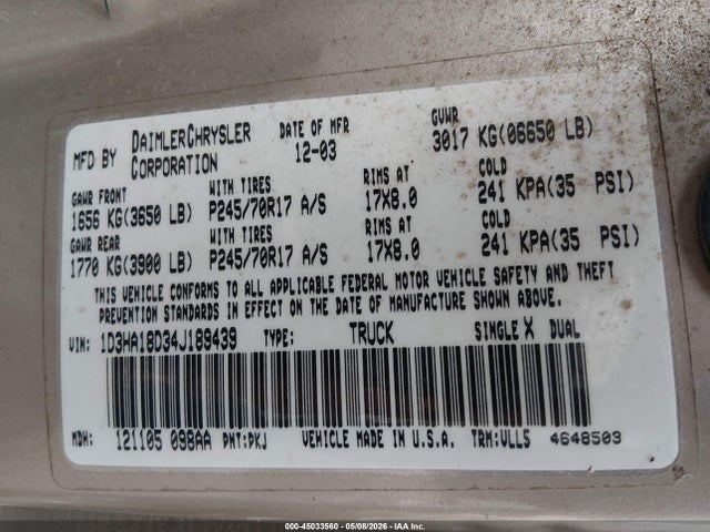45033560 :رقم المزاد ، 1D3HA18D34J189439 vin ، 2004 Dodge Ram 1500 Slt/laramie مزاد بيع