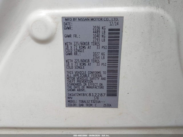 Продажа на аукционе авто 2015 Nissan Rogue Sl, vin: 5N1AT2MT8FC812287, номер лота: 45033564