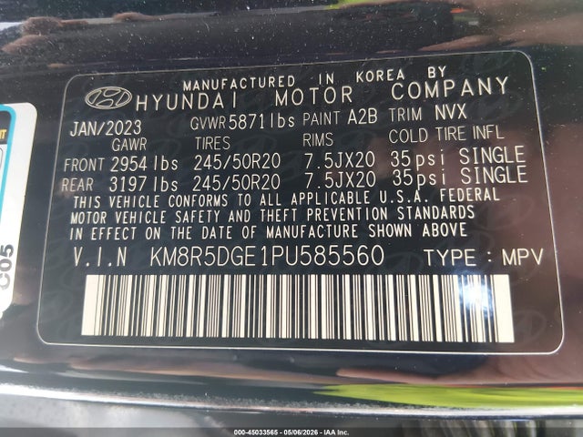2023 Hyundai Palisade Limited მანქანა იყიდება აუქციონზე, vin: KM8R5DGE1PU585560, აუქციონის ნომერი: 45033565