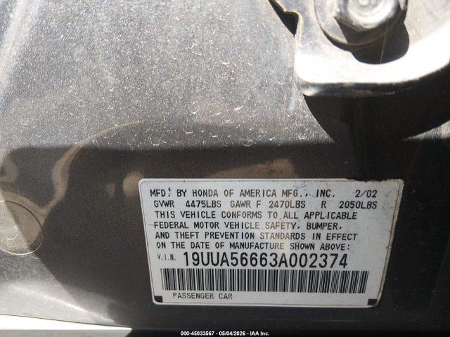 2003 Acura Tl 3.2 მანქანა იყიდება აუქციონზე, vin: 19UUA56663A002374, აუქციონის ნომერი: 45033567