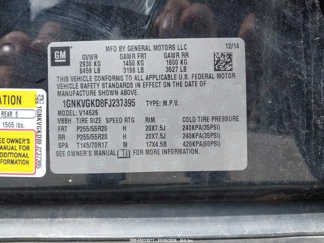 Aukcja sprzedaży 2015 Chevrolet Traverse 1lt, vin: 1GNKVGKD8FJ237395, numer aukcji: 45033573