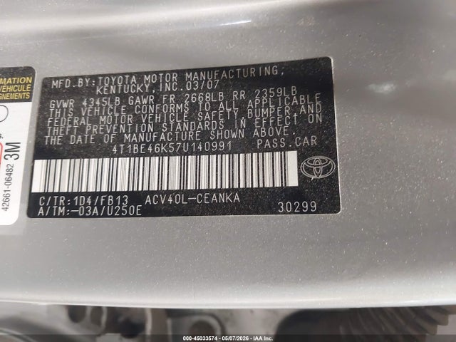 Продажа на аукционе авто 2007 Toyota Camry Le, vin: 4T1BE46K57U140991, номер лота: 45033574