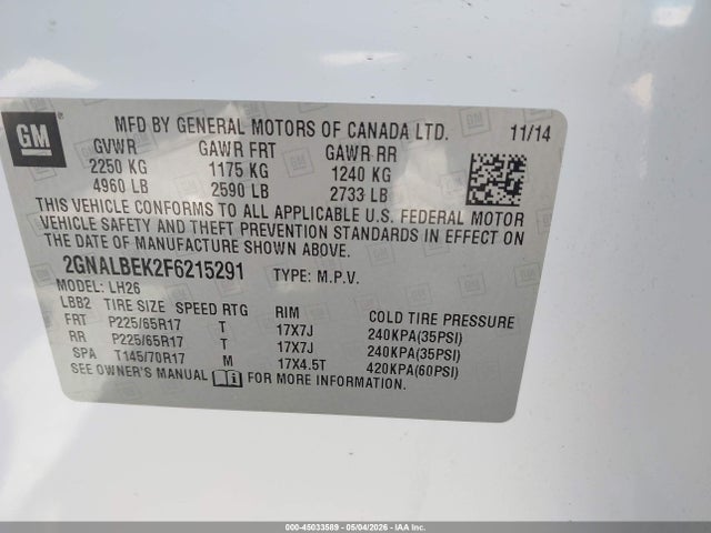 45033589 :رقم المزاد ، 2GNALBEK2F6215291 vin ، 2015 Chevrolet Equinox 1lt مزاد بيع