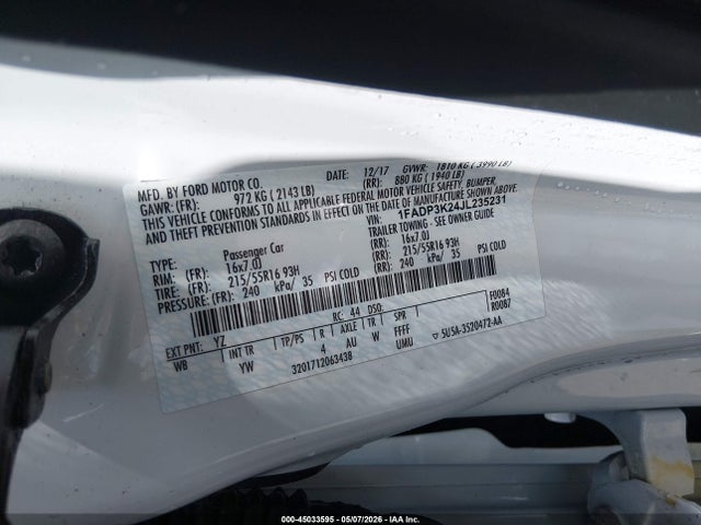 45033595 :رقم المزاد ، 1FADP3K24JL235231 vin ، 2018 Ford Focus Se مزاد بيع