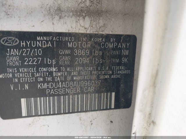 Aukcja sprzedaży 2010 Hyundai Elantra Gls, vin: KMHDU4AD8AU996037, numer aukcji: 45033597