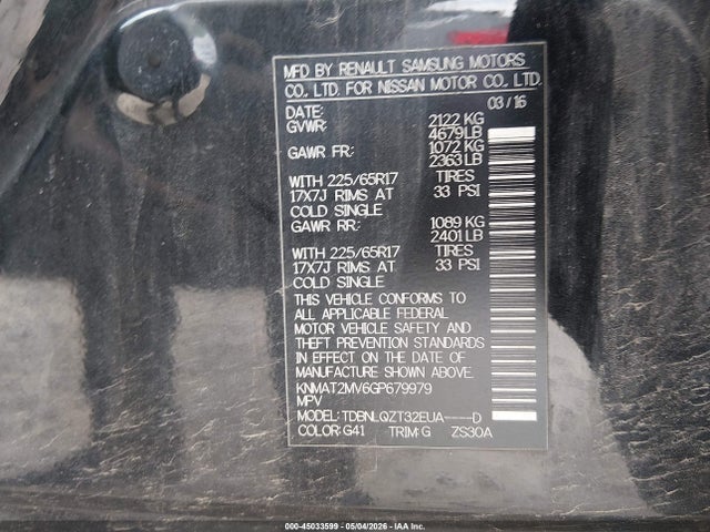 Aukcja sprzedaży 2016 Nissan Rogue Sv, vin: KNMAT2MV6GP679979, numer aukcji: 45033599