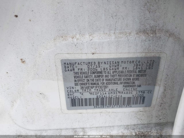 Продажа на аукционе авто 2015 Nissan Sentra Sl, vin: 3N1AB7AP1FY307391, номер лота: 45033609
