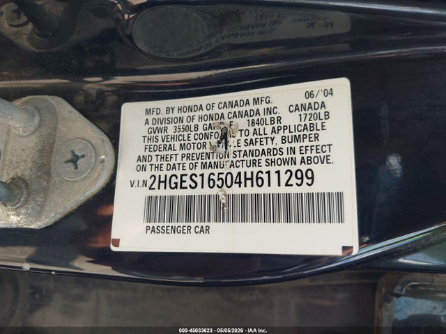 Aukcja sprzedaży 2004 Honda Civic Lx, vin: 2HGES16504H611299, numer aukcji: 45033623