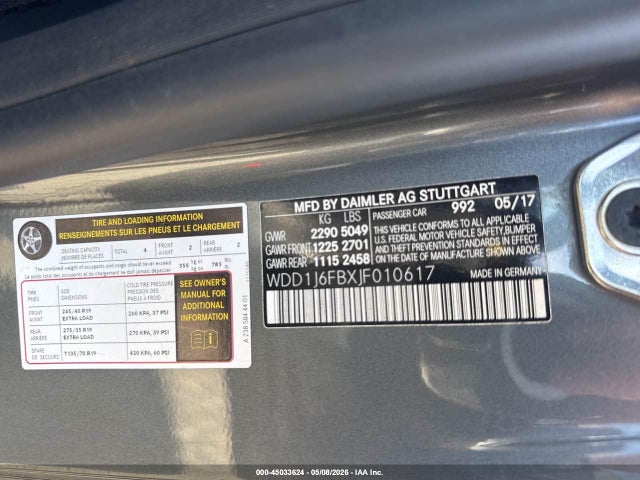45033624 :رقم المزاد ، WDD1J6FBXJF010617 vin ، 2018 Mercedes-benz E 400 مزاد بيع
