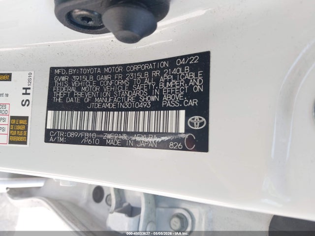 Aukcja sprzedaży 2022 Toyota Corolla Hybrid Le, vin: JTDEAMDE1N3010493, numer aukcji: 45033627