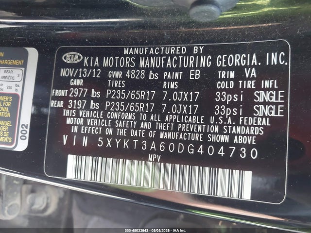 45033643 :رقم المزاد ، 5XYKT3A60DG404730 vin ، 2013 Kia Sorento Lx مزاد بيع