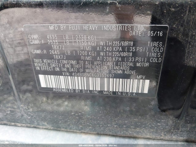 45033648 :رقم المزاد ، 4S4BSBNC6G3352697 vin ، 2016 Subaru Outback 2.5i Limited مزاد بيع