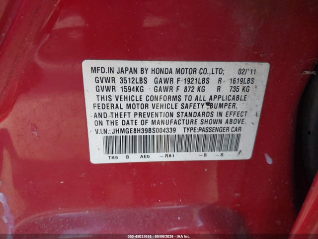45033656 :رقم المزاد ، JHMGE8H39BS004339 vin ، 2011 Honda Fit مزاد بيع