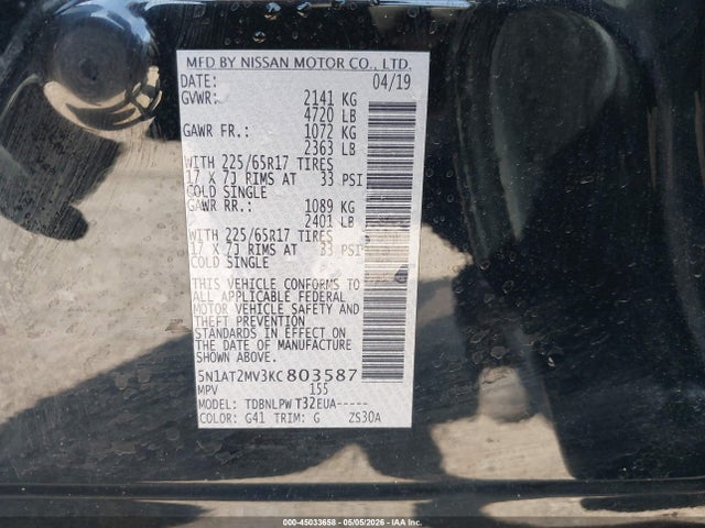 2019 Nissan Rogue S მანქანა იყიდება აუქციონზე, vin: 5N1AT2MV3KC803587, აუქციონის ნომერი: 45033658