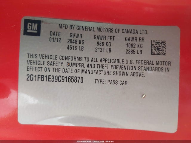 45033662 :رقم المزاد ، 2G1FB1E39C9165870 vin ، 2012 Chevrolet Camaro 1lt مزاد بيع