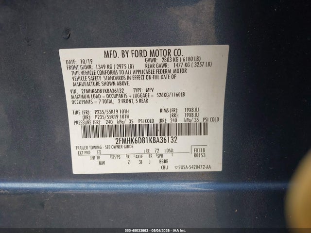 Aukcja sprzedaży 2019 Ford Flex Limited, vin: 2FMHK6D81KBA36132, numer aukcji: 45033663