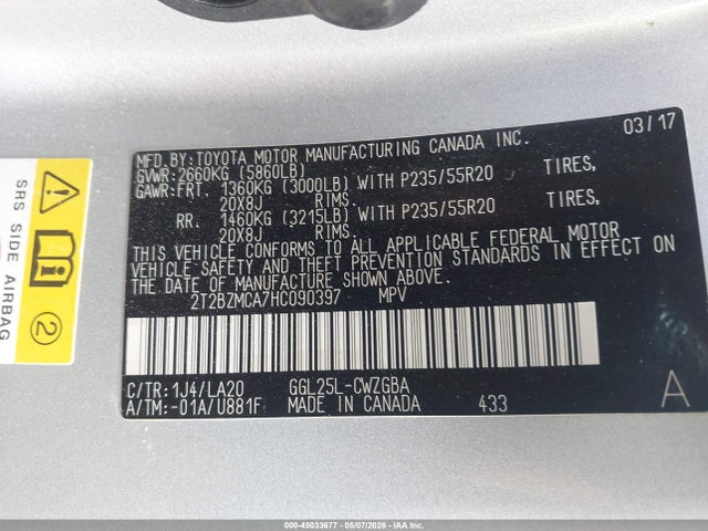 45033677 :رقم المزاد ، 2T2BZMCA7HC090397 vin ، 2017 Lexus Rx 350 مزاد بيع
