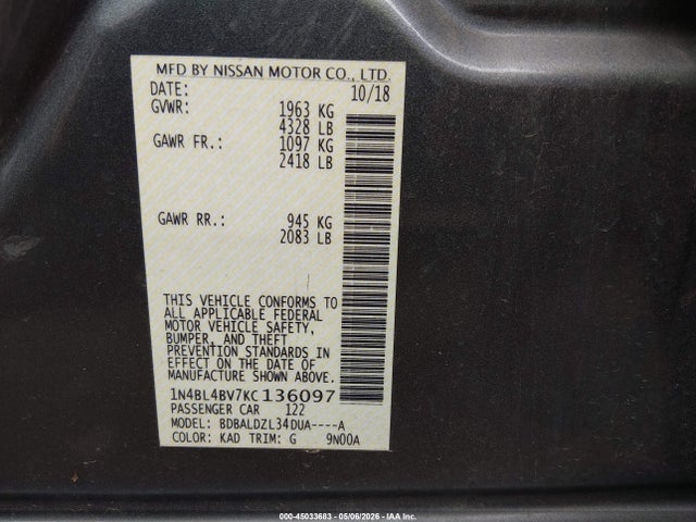 2019 Nissan Altima 2.5 S მანქანა იყიდება აუქციონზე, vin: 1N4BL4BV7KC136097, აუქციონის ნომერი: 45033683