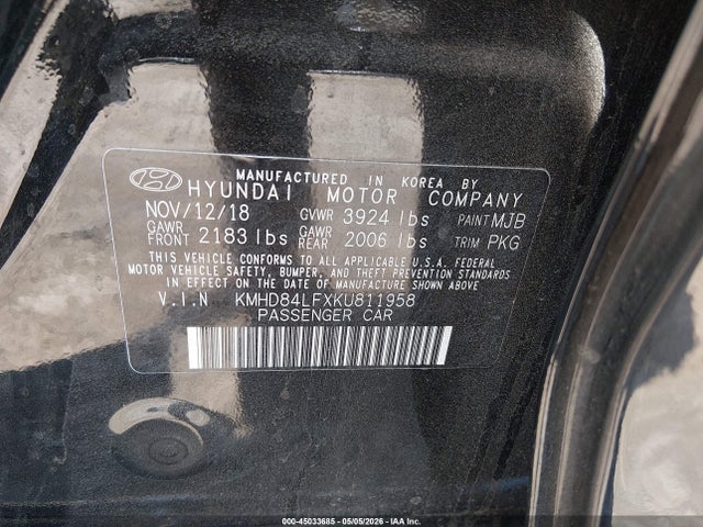 Продажа на аукционе авто 2019 Hyundai Elantra Limited, vin: KMHD84LFXKU811958, номер лота: 45033685