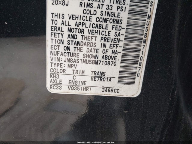 45033692 :رقم المزاد ، JN8AS1MU5BM710870 vin ، 2011 Infiniti Fx35 مزاد بيع