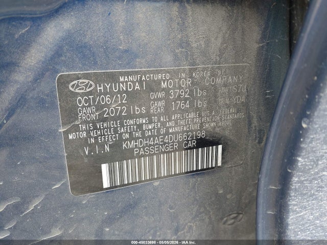 2013 Hyundai Elantra Limited მანქანა იყიდება აუქციონზე, vin: KMHDH4AE4DU662198, აუქციონის ნომერი: 45033698