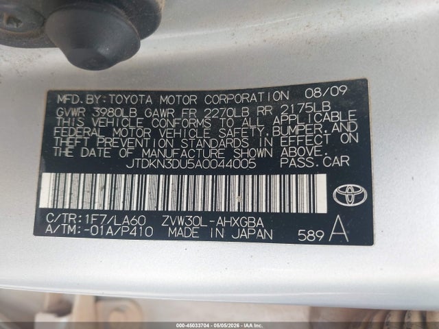 Aukcja sprzedaży 2010 Toyota Prius Iv, vin: JTDKN3DU5A0044005, numer aukcji: 45033704