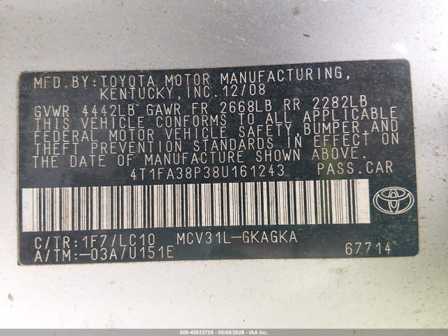 Продаж на аукціоні авто 2008 Toyota Camry Solara Sle, vin: 4T1FA38P38U161243, номер лоту: 45033705