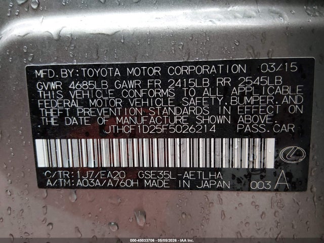 Продажа на аукционе авто 2015 Lexus Is 250, vin: JTHCF1D25F5026214, номер лота: 45033706
