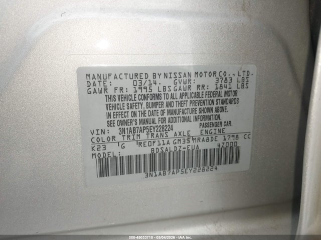 Продажа на аукционе авто 2014 Nissan Sentra Fe+ S/fe+ Sv/s/sl/sr/sv, vin: 3N1AB7AP5EY228224, номер лота: 45033710