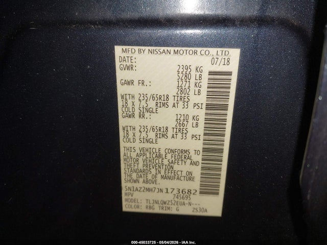 Aukcja sprzedaży 2018 Nissan Murano Sv, vin: 5N1AZ2MH7JN173682, numer aukcji: 45033725
