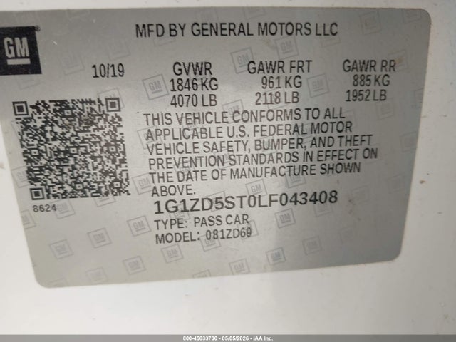 Aukcja sprzedaży 2020 Chevrolet Malibu Fwd Lt, vin: 1G1ZD5ST0LF043408, numer aukcji: 45033730