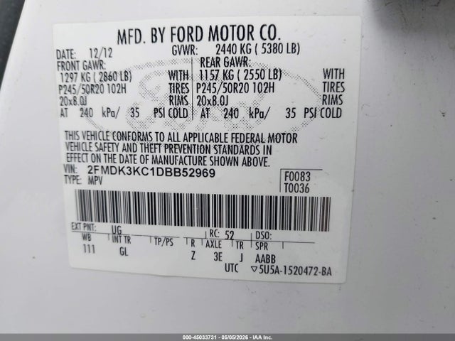 2013 Ford Edge Limited მანქანა იყიდება აუქციონზე, vin: 2FMDK3KC1DBB52969, აუქციონის ნომერი: 45033731