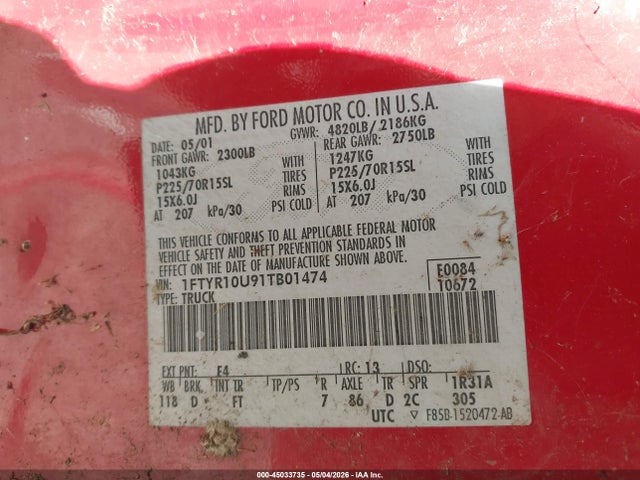 Продажа на аукционе авто 2001 Ford Ranger Edge/xl/xlt, vin: 1FTYR10U91TB01474, номер лота: 45033735