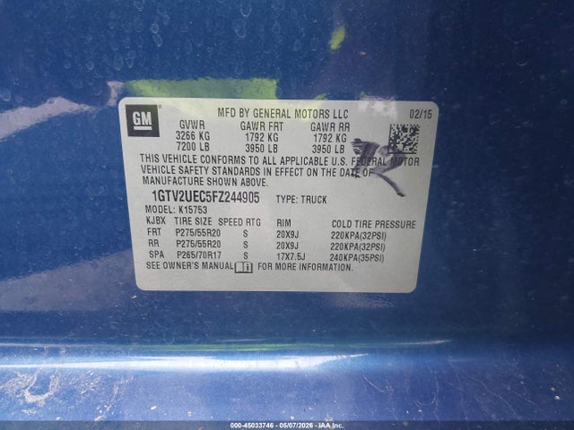45033746 :رقم المزاد ، 1GTV2UEC5FZ244905 vin ، 2015 Gmc Sierra 1500 Sle مزاد بيع