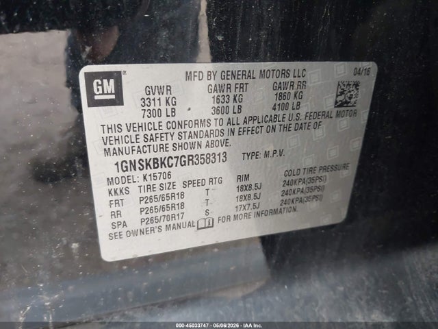 2016 Chevrolet Tahoe Lt მანქანა იყიდება აუქციონზე, vin: 1GNSKBKC7GR358313, აუქციონის ნომერი: 45033747