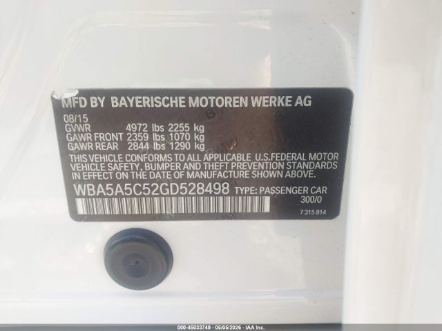 2016 Bmw 528i მანქანა იყიდება აუქციონზე, vin: WBA5A5C52GD528498, აუქციონის ნომერი: 45033749