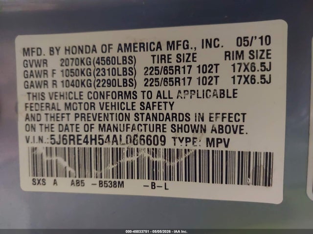 45033751 :رقم المزاد ، 5J6RE4H54AL066609 vin ، 2010 Honda Cr-v Ex مزاد بيع