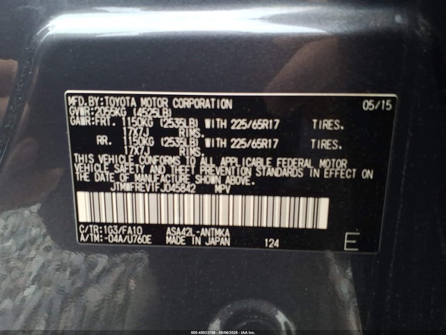 2015 Toyota Rav4 Xle მანქანა იყიდება აუქციონზე, vin: JTMWFREV1FJ045842, აუქციონის ნომერი: 45033759