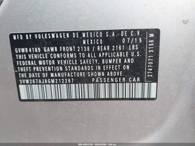 Продаж на аукціоні авто 2016 Volkswagen Jetta 1.4t S, vin: 3VW267AJ8GM212267, номер лоту: 45033763