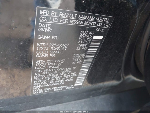Aukcja sprzedaży 2016 Nissan Rogue S, vin: KNMAT2MV1GP694356, numer aukcji: 45033766