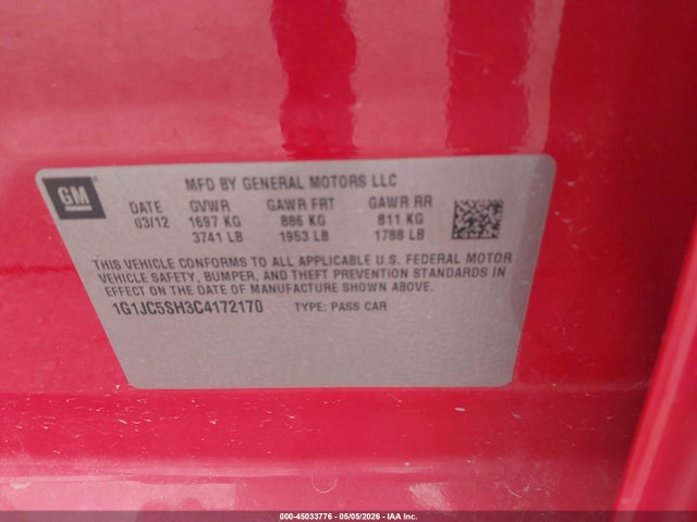 Продаж на аукціоні авто 2012 Chevrolet Sonic 2lt, vin: 1G1JC5SH3C4172170, номер лоту: 45033776