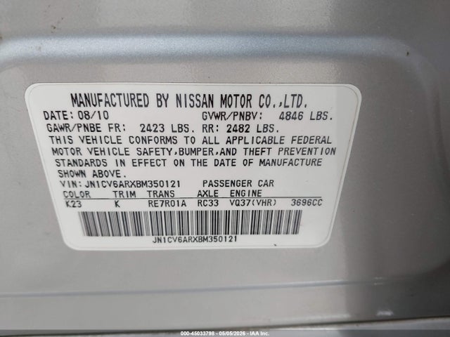 45033798 :رقم المزاد ، JN1CV6ARXBM350121 vin ، 2011 Infiniti G37x مزاد بيع