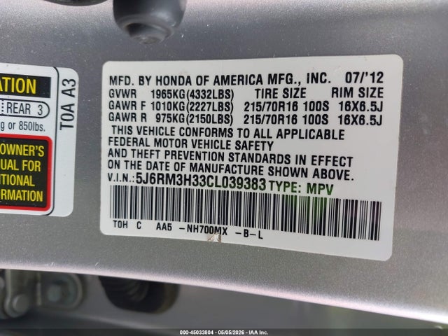 Продажа на аукционе авто 2012 Honda Cr-v Lx, vin: 5J6RM3H33CL039383, номер лота: 45033804