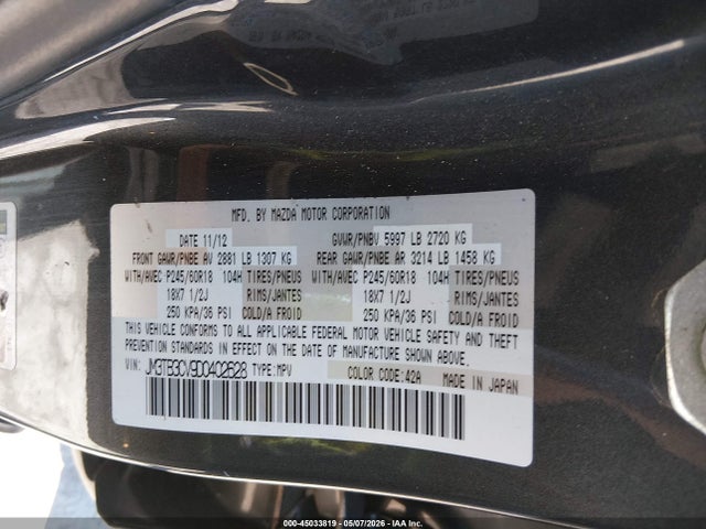 2013 Mazda Cx-9 Touring მანქანა იყიდება აუქციონზე, vin: JM3TB3CV9D0402628, აუქციონის ნომერი: 45033819